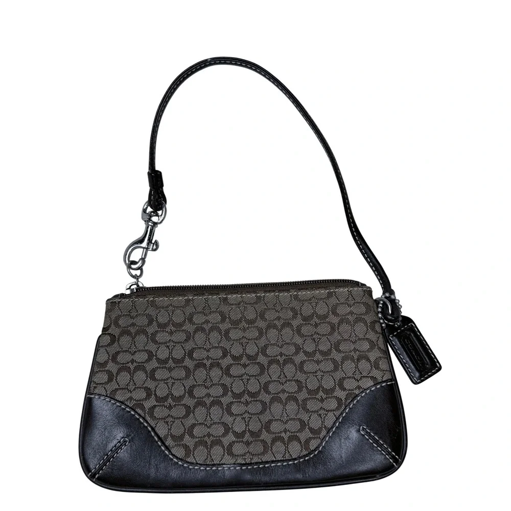 Coach Women Signature Monogram Wristlet Small Brown Black Leather Trim Pouch Bag